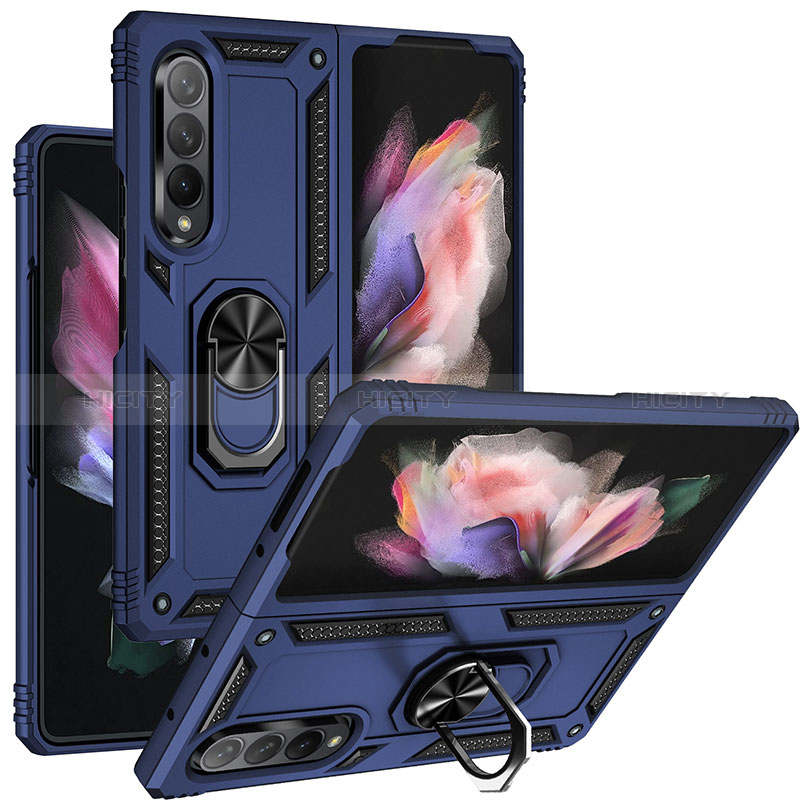 Custodia Silicone e Plastica Opaca Cover con Magnetico Anello Supporto MQ3 per Samsung Galaxy Z Fold3 5G Blu