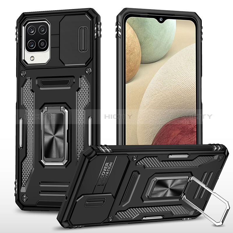 Custodia Silicone e Plastica Opaca Cover con Magnetico Anello Supporto MQ4 per Samsung Galaxy A12 Nacho Nero