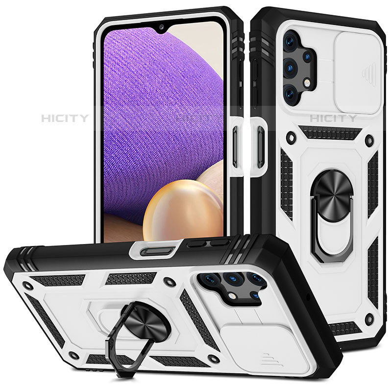 Custodia Silicone e Plastica Opaca Cover con Magnetico Anello Supporto MQ5 per Samsung Galaxy M32 5G Argento