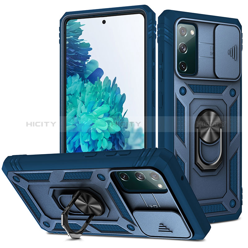 Custodia Silicone e Plastica Opaca Cover con Magnetico Anello Supporto MQ5 per Samsung Galaxy S20 FE 5G Blu