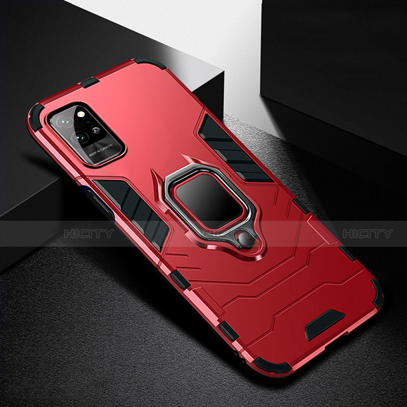 Custodia Silicone e Plastica Opaca Cover con Magnetico Anello Supporto N01 per Huawei Honor Play4 Pro 5G Rosso