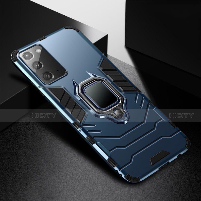 Custodia Silicone e Plastica Opaca Cover con Magnetico Anello Supporto N06 per Samsung Galaxy Note 20 5G Blu
