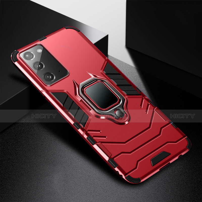 Custodia Silicone e Plastica Opaca Cover con Magnetico Anello Supporto N06 per Samsung Galaxy Note 20 5G Rosso