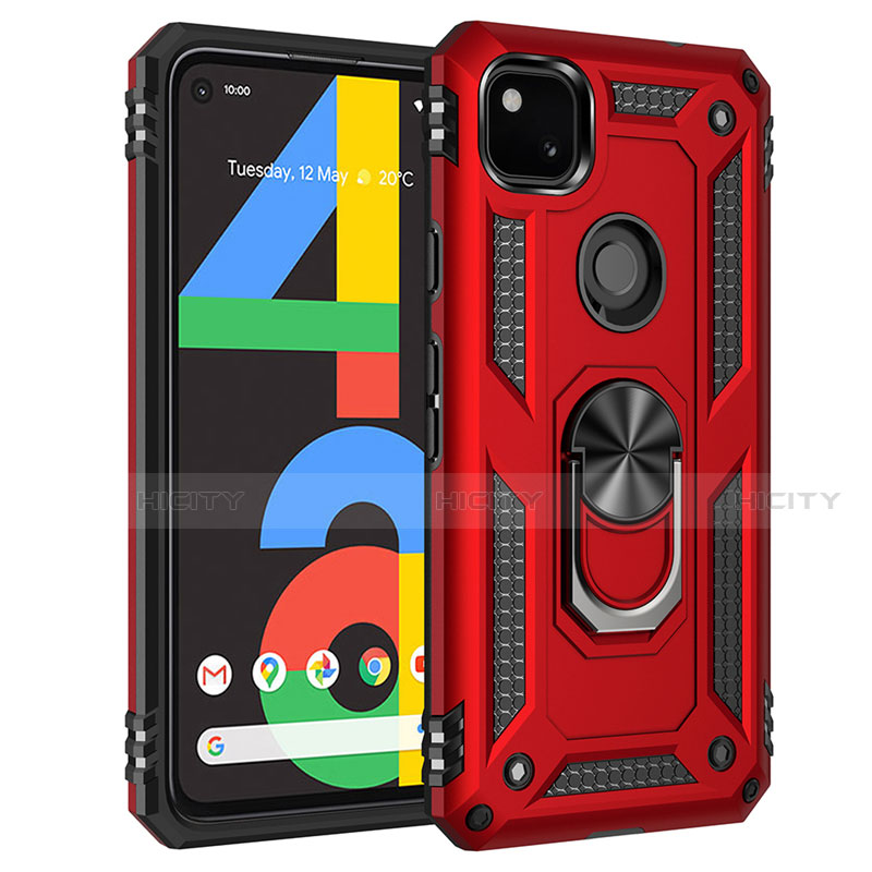 Custodia Silicone e Plastica Opaca Cover con Magnetico Anello Supporto per Google Pixel 4a Rosso