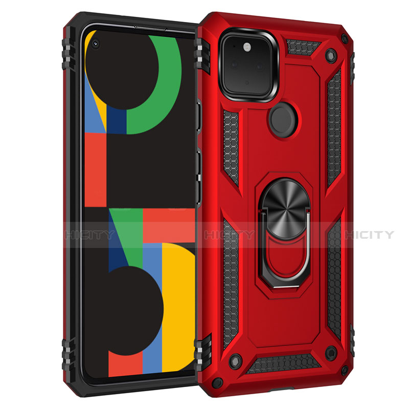 Custodia Silicone e Plastica Opaca Cover con Magnetico Anello Supporto per Google Pixel 5 Rosso