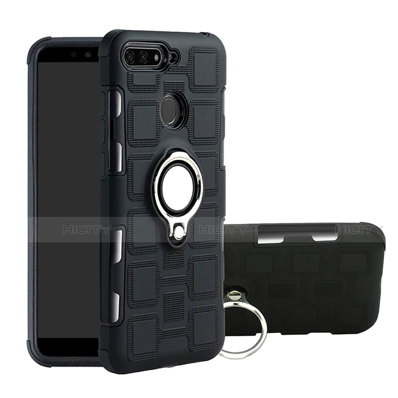 Custodia Silicone e Plastica Opaca Cover con Magnetico Anello Supporto per Huawei Enjoy 8e Nero