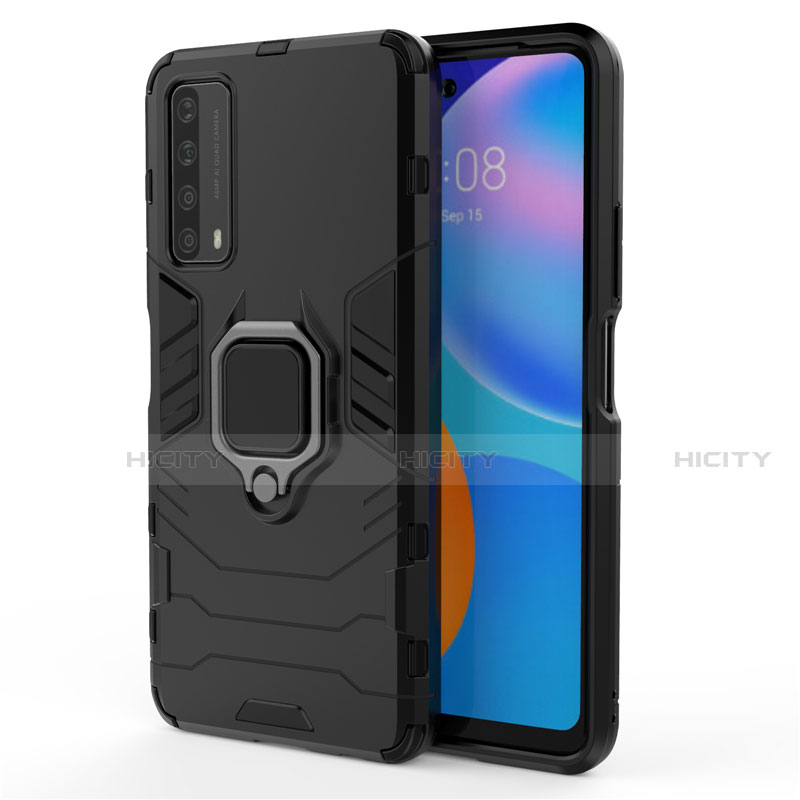 Custodia Silicone e Plastica Opaca Cover con Magnetico Anello Supporto per Huawei P Smart (2021) Nero