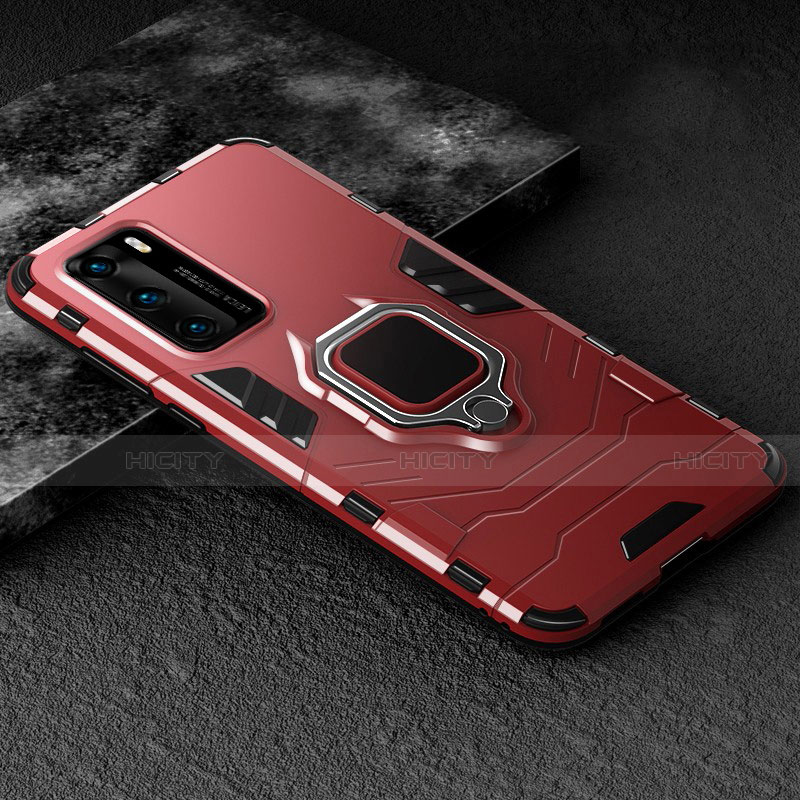 Custodia Silicone e Plastica Opaca Cover con Magnetico Anello Supporto per Huawei P40 Rosso