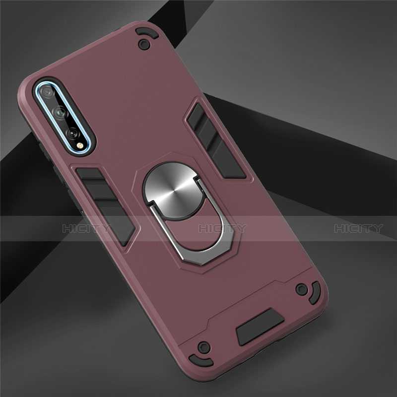 Custodia Silicone e Plastica Opaca Cover con Magnetico Anello Supporto per Huawei Y8p Rosso Rosa