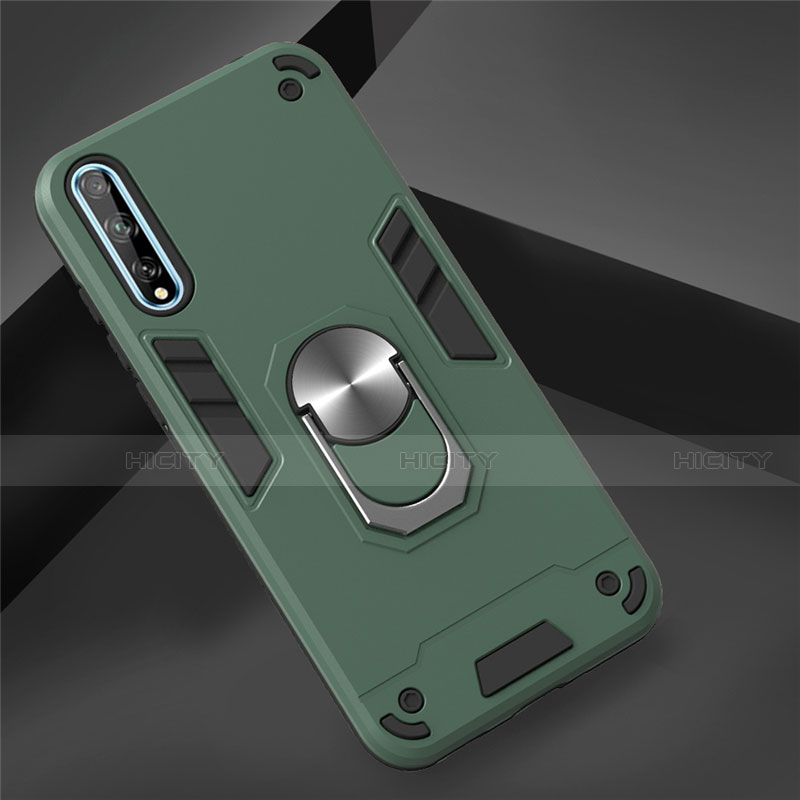Custodia Silicone e Plastica Opaca Cover con Magnetico Anello Supporto per Huawei Y8p Verde