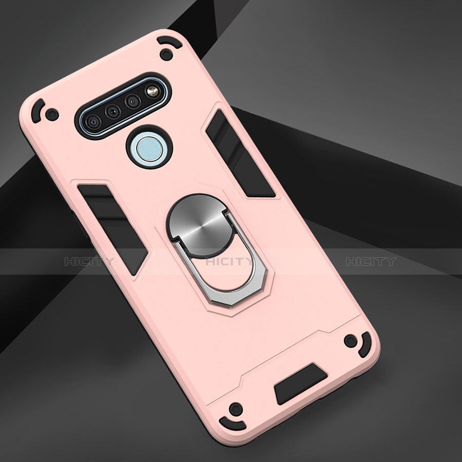 Custodia Silicone e Plastica Opaca Cover con Magnetico Anello Supporto per LG K51 Oro Rosa