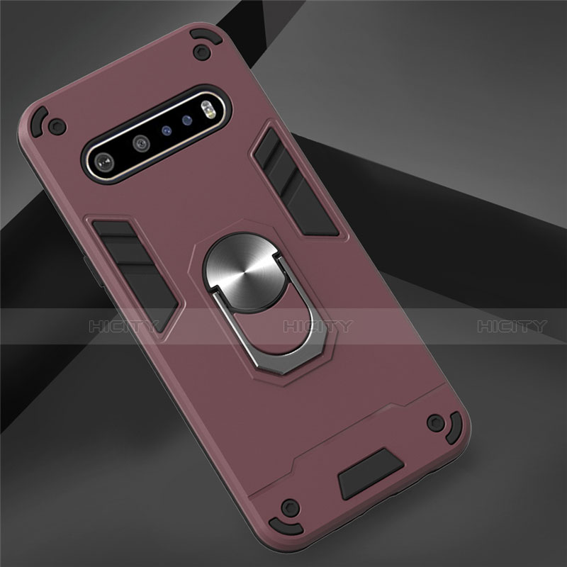Custodia Silicone e Plastica Opaca Cover con Magnetico Anello Supporto per LG V60 ThinQ 5G Rosso Rosa