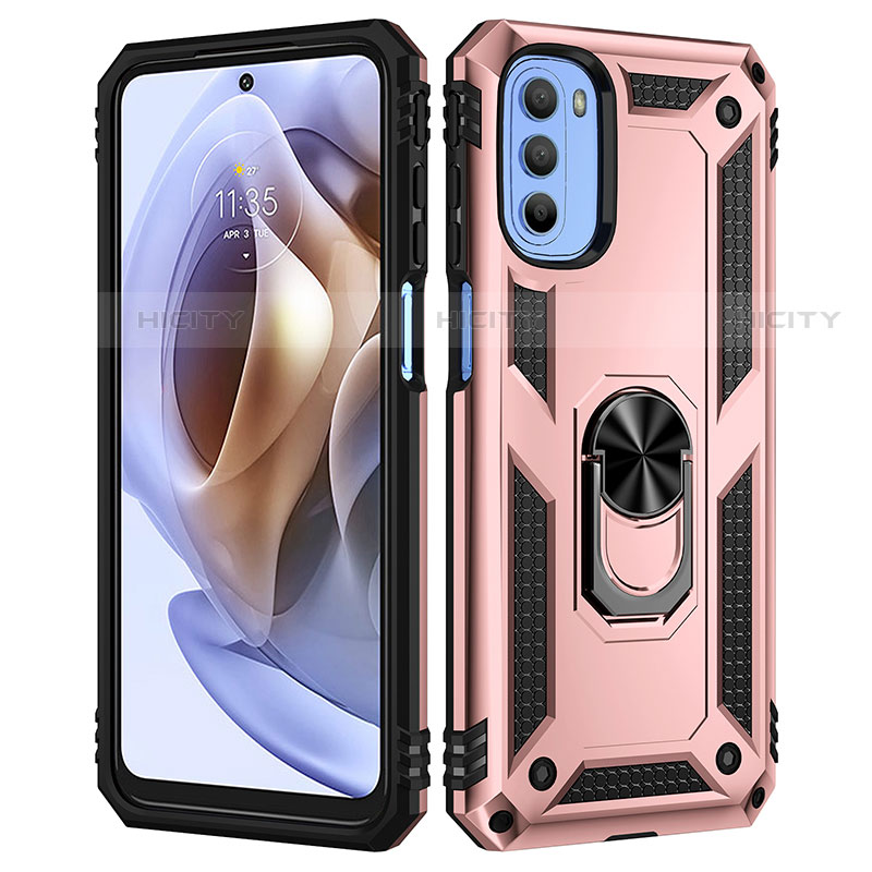 Custodia Silicone e Plastica Opaca Cover con Magnetico Anello Supporto per Motorola Moto G41 Oro Rosa