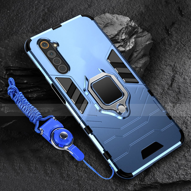 Custodia Silicone e Plastica Opaca Cover con Magnetico Anello Supporto per Realme 6 Blu