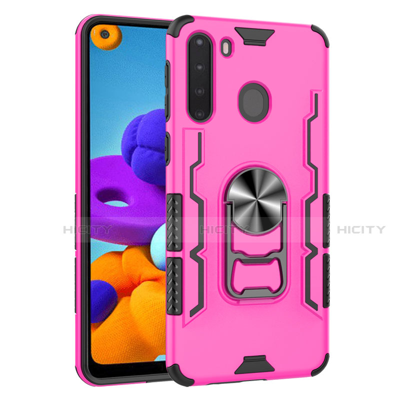 Custodia Silicone e Plastica Opaca Cover con Magnetico Anello Supporto per Samsung Galaxy A21 Rosa Caldo