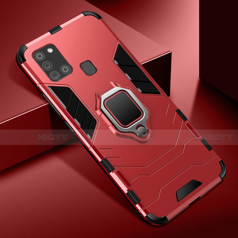 Custodia Silicone e Plastica Opaca Cover con Magnetico Anello Supporto per Samsung Galaxy A21s Rosso