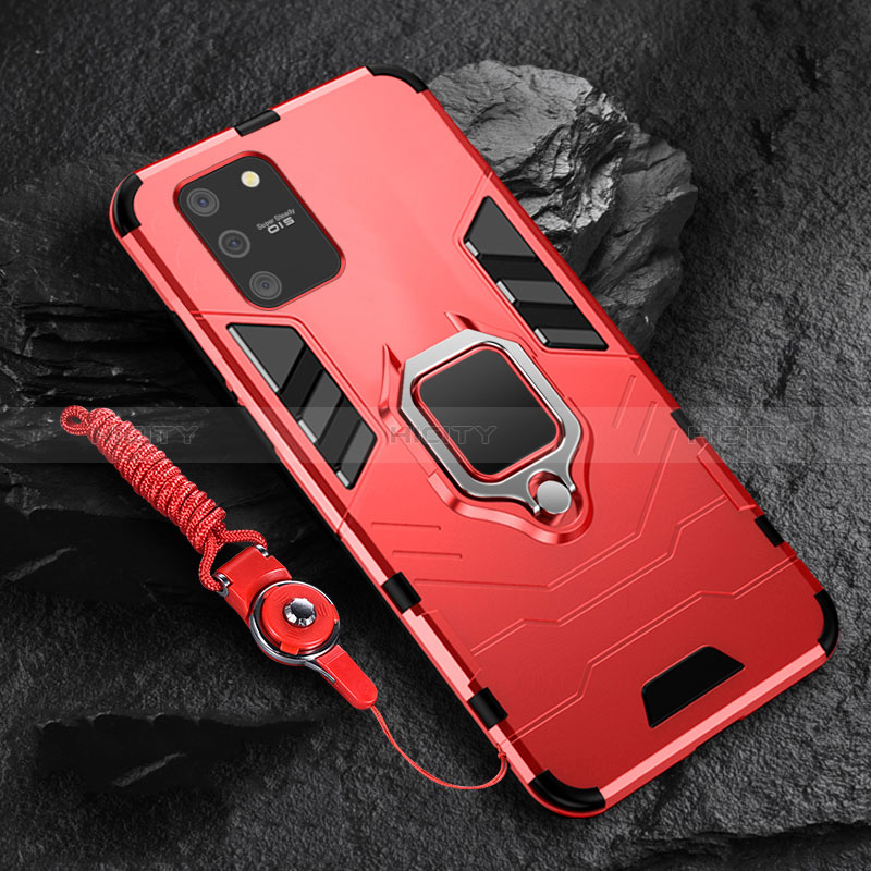 Custodia Silicone e Plastica Opaca Cover con Magnetico Anello Supporto per Samsung Galaxy A91 Rosso