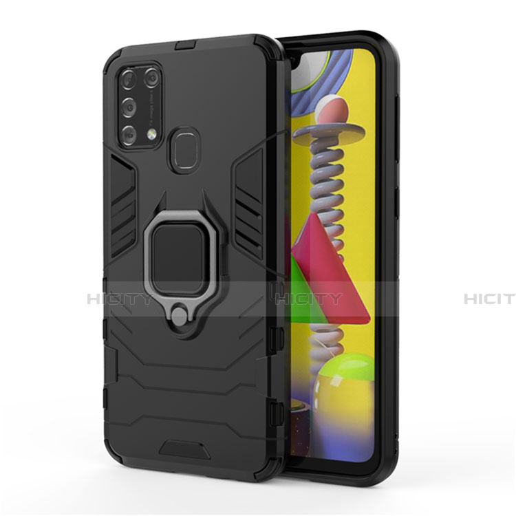 Custodia Silicone e Plastica Opaca Cover con Magnetico Anello Supporto per Samsung Galaxy M21s Nero