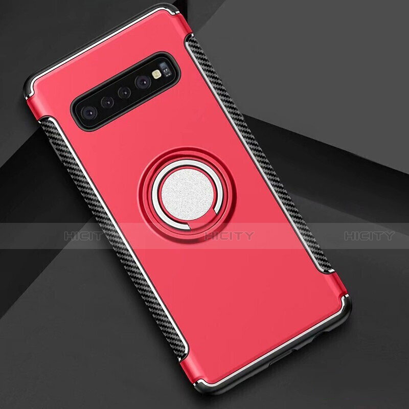 Custodia Silicone e Plastica Opaca Cover con Magnetico Anello Supporto per Samsung Galaxy S10 Rosso