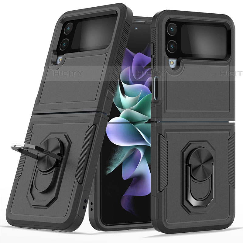 Custodia Silicone e Plastica Opaca Cover con Magnetico Anello Supporto per Samsung Galaxy Z Flip4 5G Nero