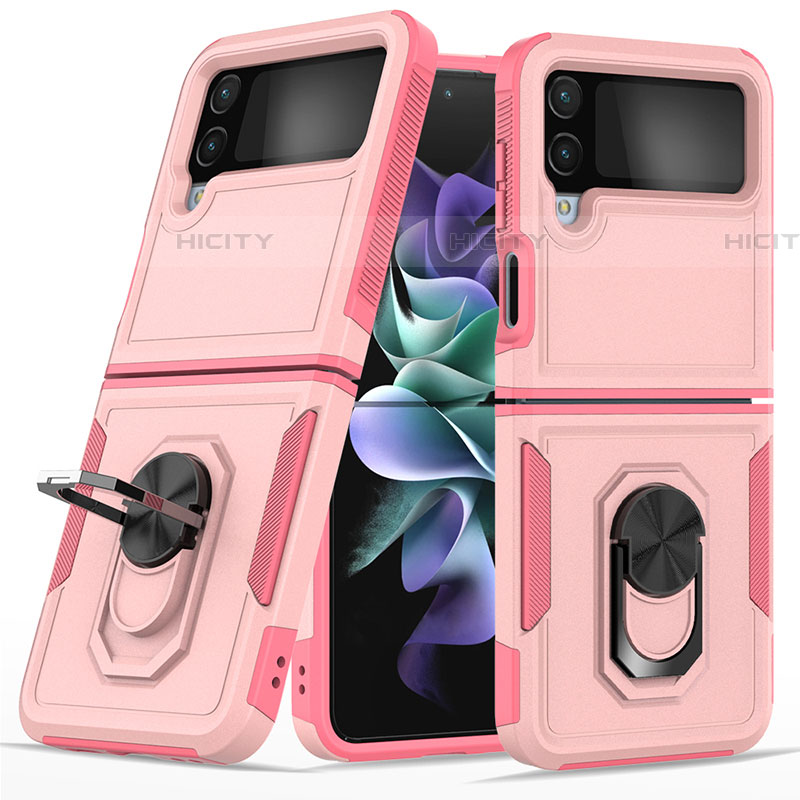 Custodia Silicone e Plastica Opaca Cover con Magnetico Anello Supporto per Samsung Galaxy Z Flip4 5G Oro Rosa
