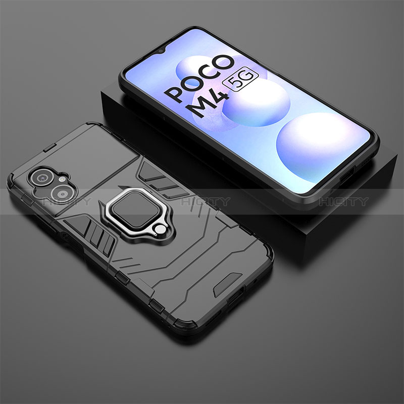 Custodia Silicone e Plastica Opaca Cover con Magnetico Anello Supporto per Xiaomi Poco M4 5G Nero