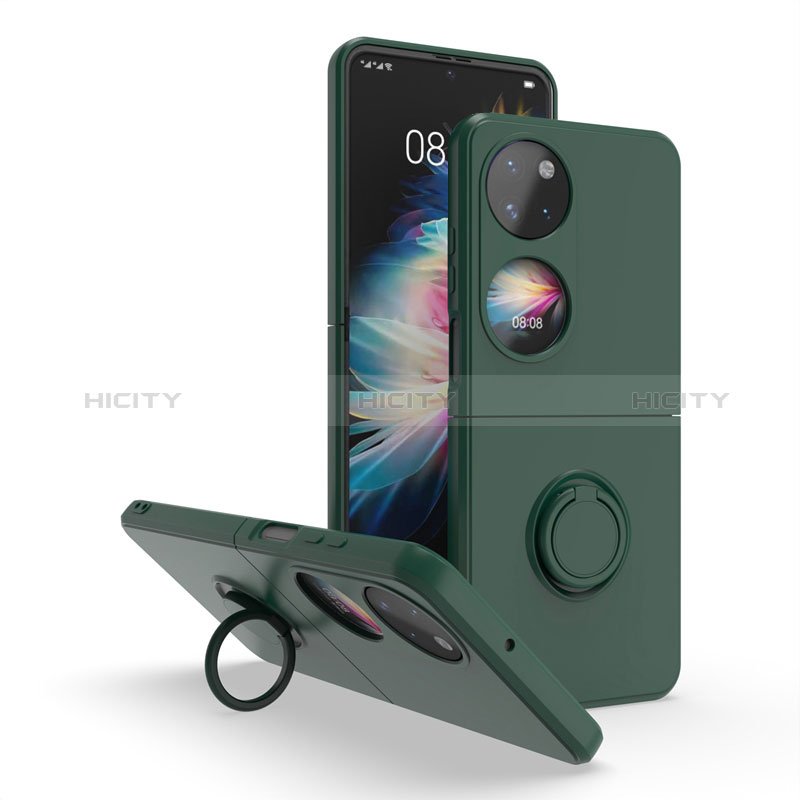 Custodia Silicone e Plastica Opaca Cover con Magnetico Anello Supporto QW1 per Huawei P60 Pocket Verde Notte