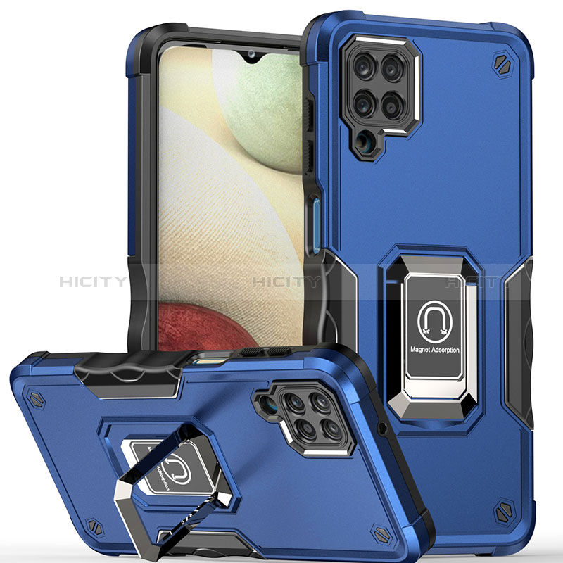 Custodia Silicone e Plastica Opaca Cover con Magnetico Anello Supporto QW1 per Samsung Galaxy A12 Nacho Blu