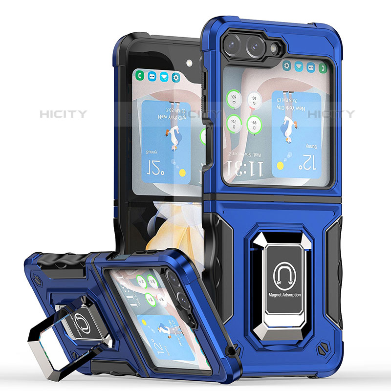 Custodia Silicone e Plastica Opaca Cover con Magnetico Anello Supporto QW1 per Samsung Galaxy Z Flip5 5G Blu