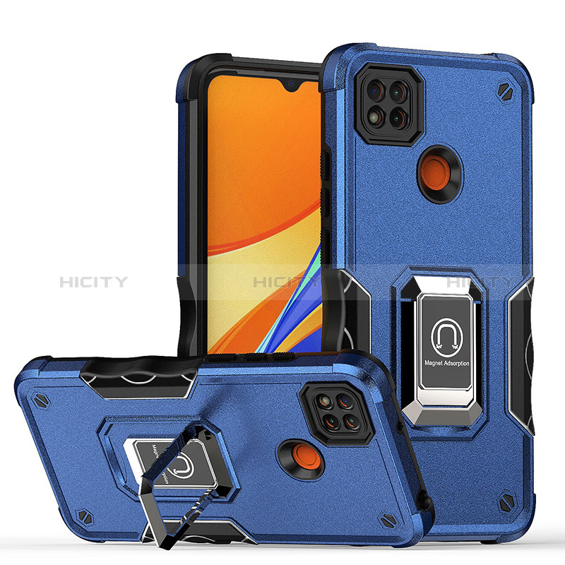 Custodia Silicone e Plastica Opaca Cover con Magnetico Anello Supporto QW1 per Xiaomi Redmi 9 India Blu