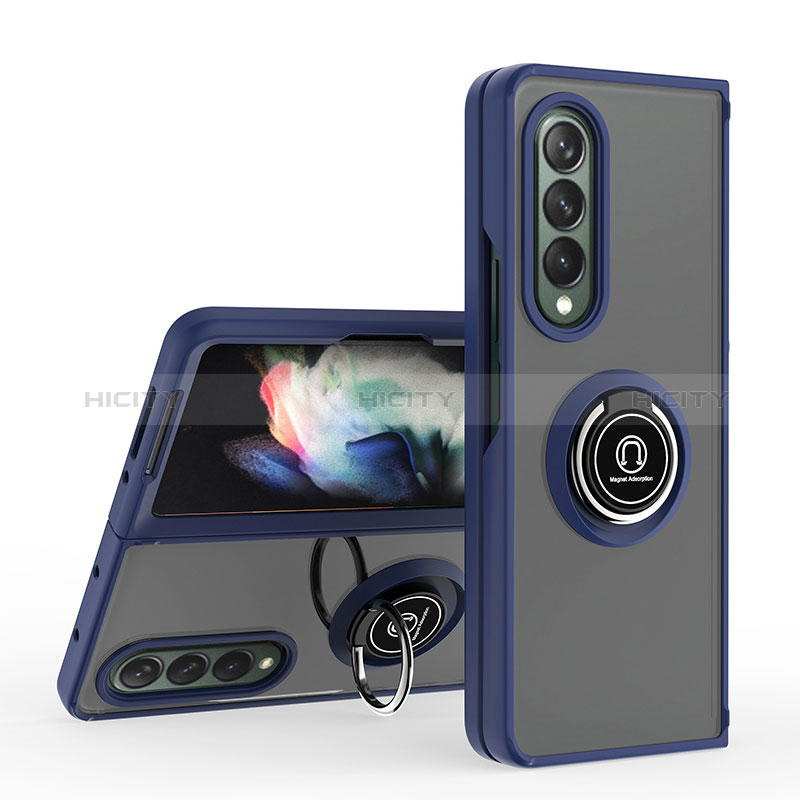 Custodia Silicone e Plastica Opaca Cover con Magnetico Anello Supporto QW2 per Samsung Galaxy Z Fold3 5G Blu