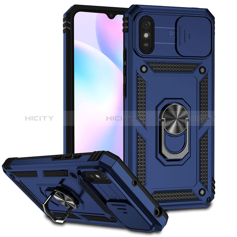 Custodia Silicone e Plastica Opaca Cover con Magnetico Anello Supporto QW3 per Xiaomi Redmi 9A Blu