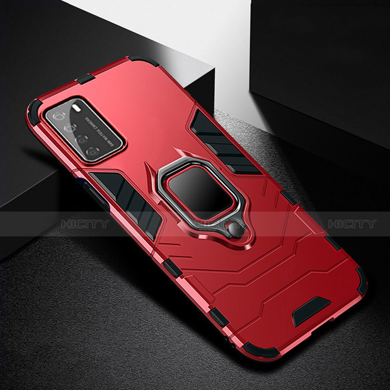 Custodia Silicone e Plastica Opaca Cover con Magnetico Anello Supporto R01 per Huawei Honor Play4 5G Rosso