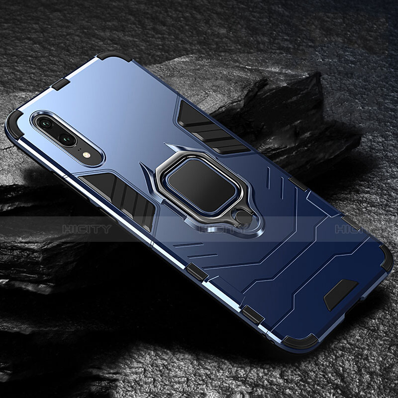 Custodia Silicone e Plastica Opaca Cover con Magnetico Anello Supporto R01 per Huawei P20 Blu