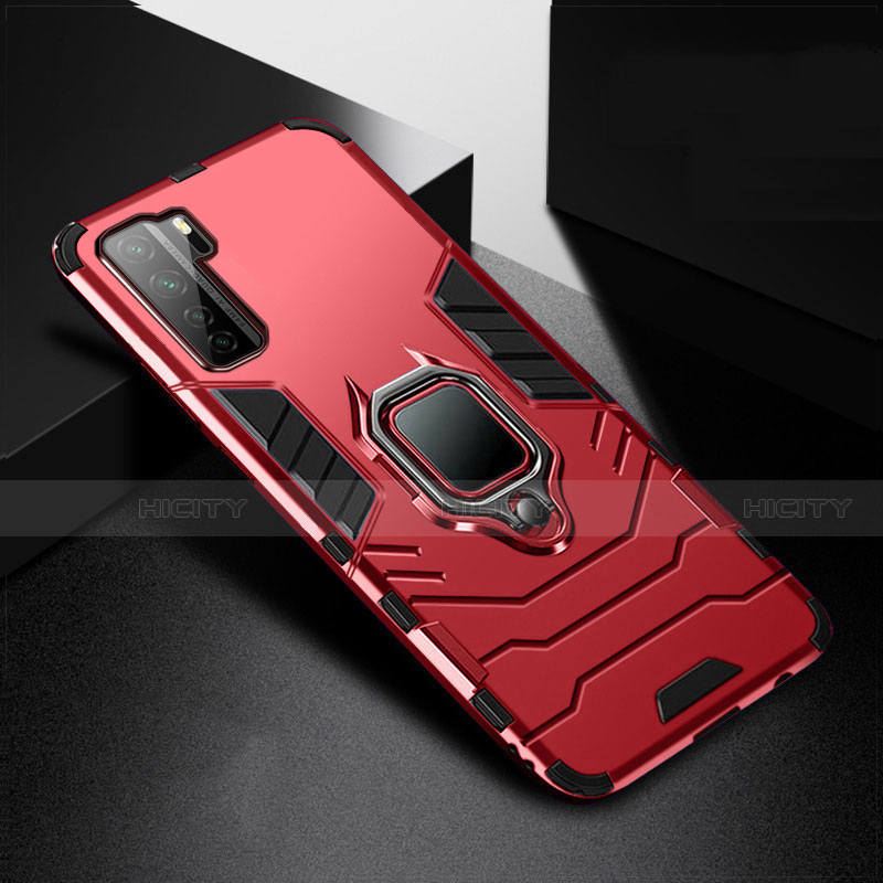 Custodia Silicone e Plastica Opaca Cover con Magnetico Anello Supporto R01 per Huawei P40 Lite 5G Rosso