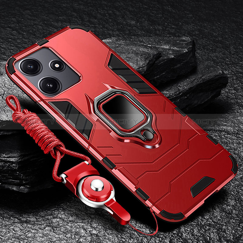 Custodia Silicone e Plastica Opaca Cover con Magnetico Anello Supporto R01 per Xiaomi Redmi 12 5G Rosso
