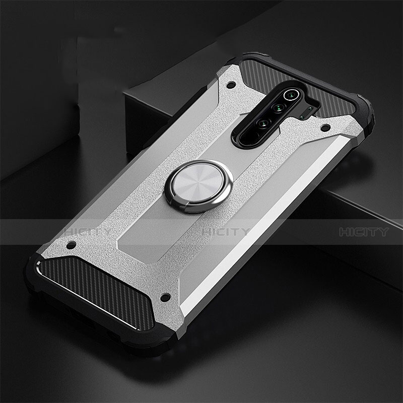 Custodia Silicone e Plastica Opaca Cover con Magnetico Anello Supporto R01 per Xiaomi Redmi Note 8 Pro Argento