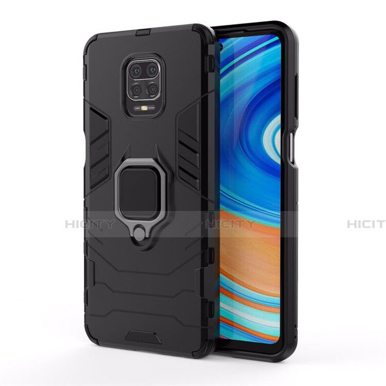 Custodia Silicone e Plastica Opaca Cover con Magnetico Anello Supporto R01 per Xiaomi Redmi Note 9 Pro Max Nero