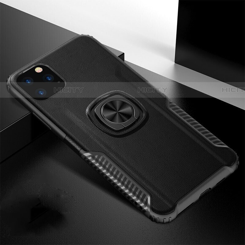 Custodia Silicone e Plastica Opaca Cover con Magnetico Anello Supporto R02 per Apple iPhone 11 Pro Max Nero