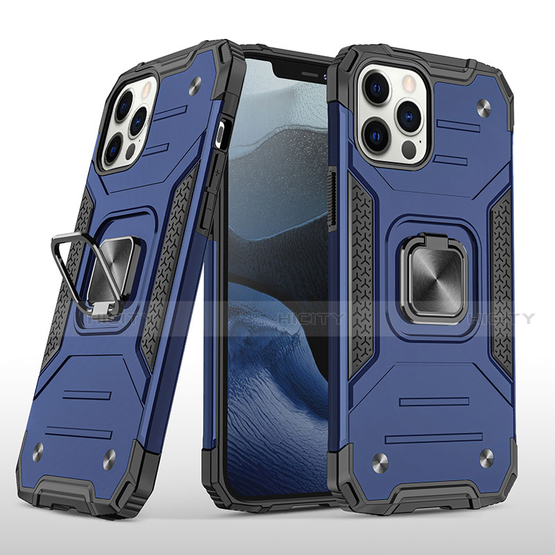 Custodia Silicone e Plastica Opaca Cover con Magnetico Anello Supporto R02 per Apple iPhone 12 Pro Blu
