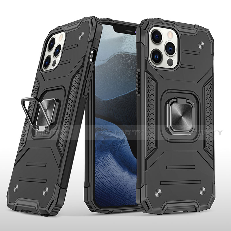 Custodia Silicone e Plastica Opaca Cover con Magnetico Anello Supporto R02 per Apple iPhone 12 Pro Max Nero