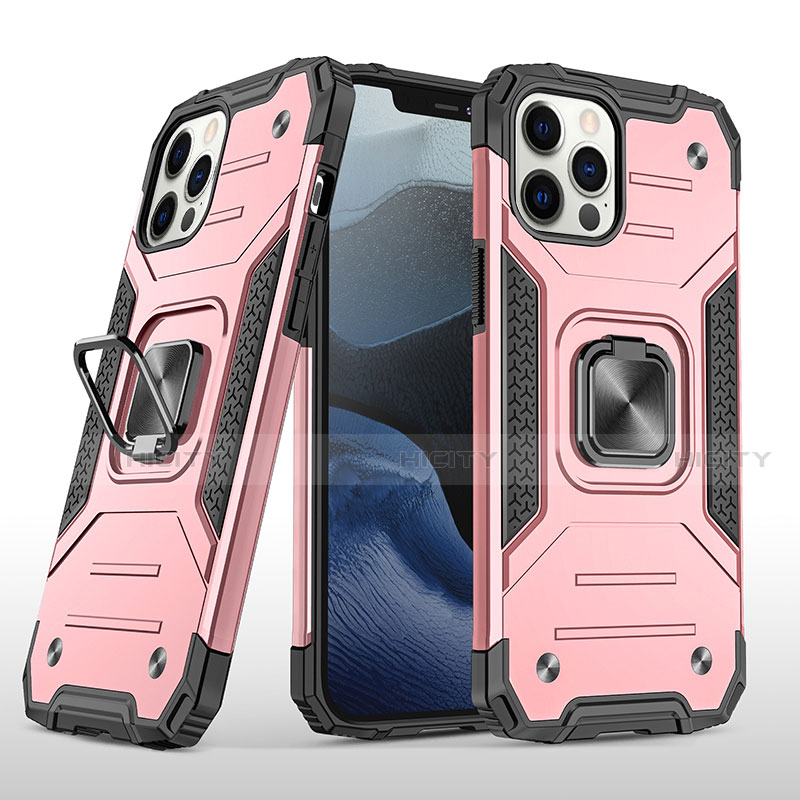 Custodia Silicone e Plastica Opaca Cover con Magnetico Anello Supporto R02 per Apple iPhone 12 Pro Oro Rosa