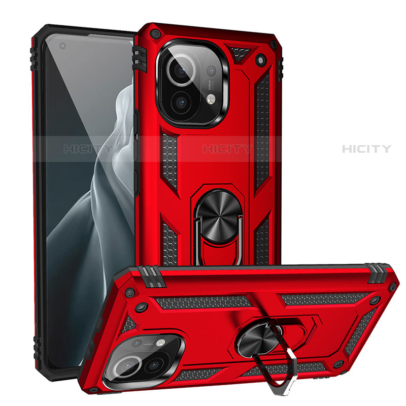 Custodia Silicone e Plastica Opaca Cover con Magnetico Anello Supporto R02 per Xiaomi Mi 11 5G Rosso