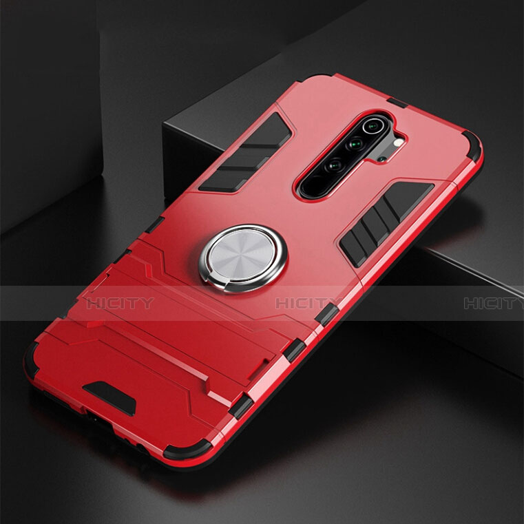 Custodia Silicone e Plastica Opaca Cover con Magnetico Anello Supporto R02 per Xiaomi Redmi Note 8 Pro Rosso