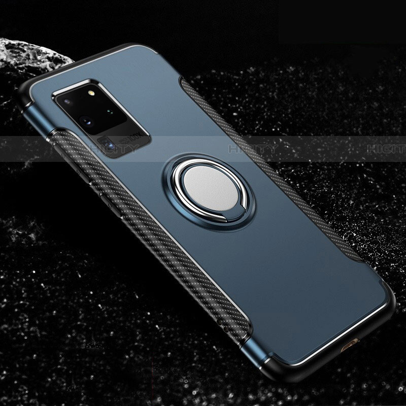 Custodia Silicone e Plastica Opaca Cover con Magnetico Anello Supporto R03 per Samsung Galaxy S20 Ultra 5G Cielo Blu