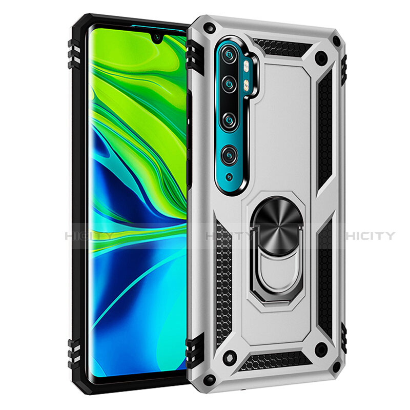 Custodia Silicone e Plastica Opaca Cover con Magnetico Anello Supporto R03 per Xiaomi Mi Note 10 Argento