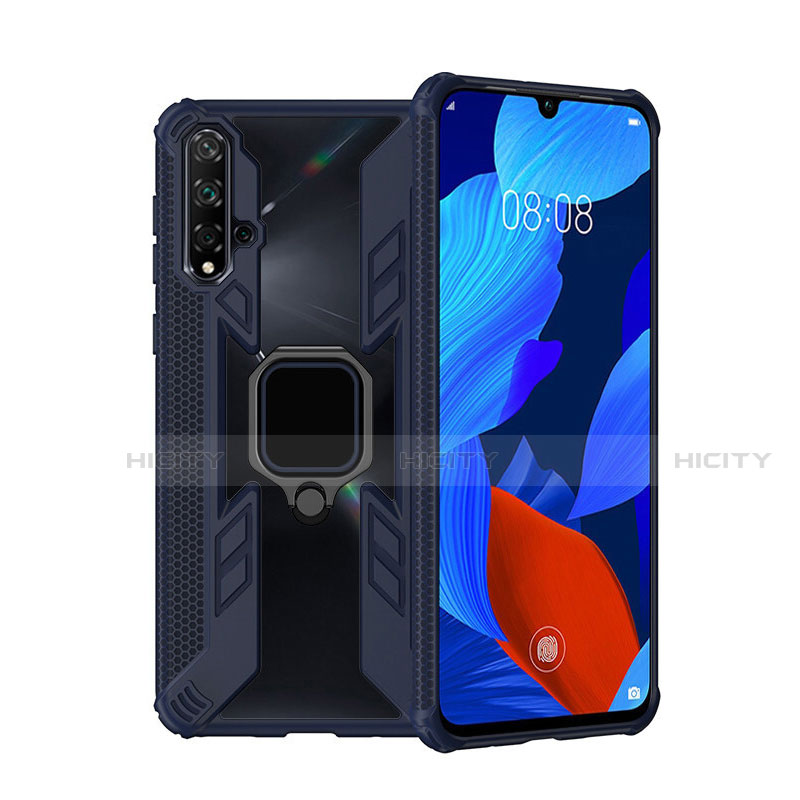 Custodia Silicone e Plastica Opaca Cover con Magnetico Anello Supporto R04 per Huawei Nova 5 Blu