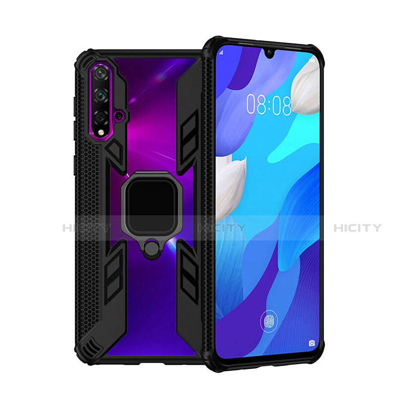 Custodia Silicone e Plastica Opaca Cover con Magnetico Anello Supporto R04 per Huawei Nova 5 Nero