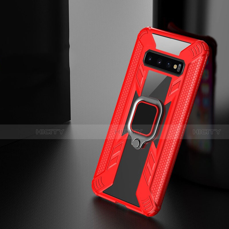 Custodia Silicone e Plastica Opaca Cover con Magnetico Anello Supporto R04 per Samsung Galaxy S10 Plus Rosso