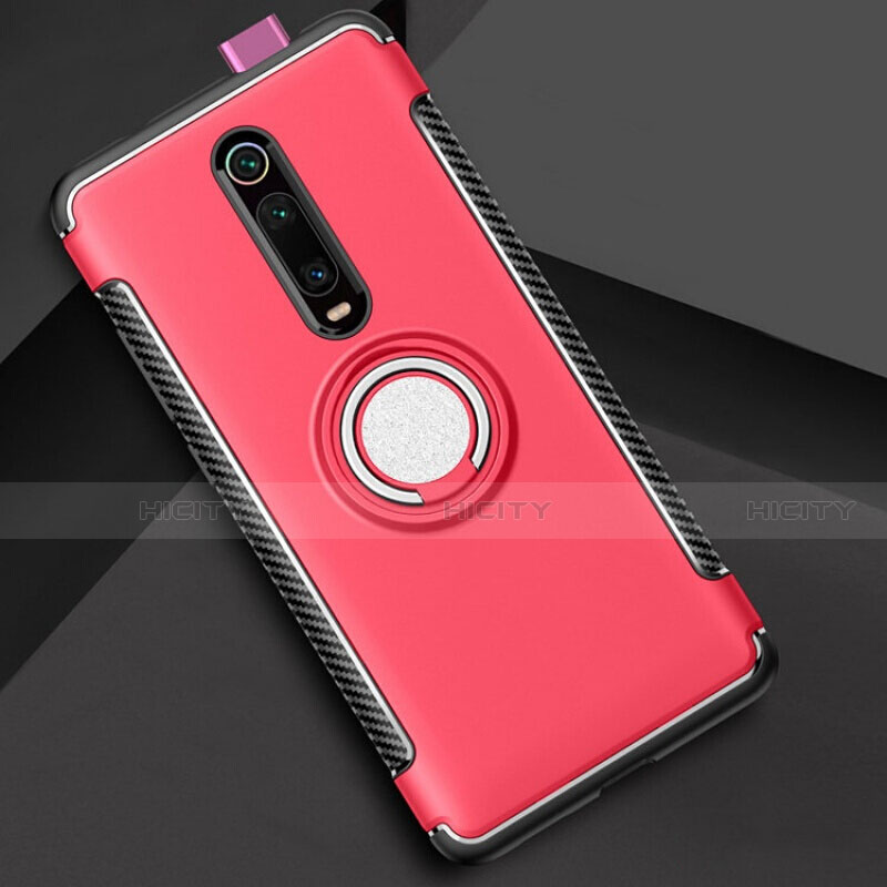 Custodia Silicone e Plastica Opaca Cover con Magnetico Anello Supporto R04 per Xiaomi Mi 9T Pro Rosso
